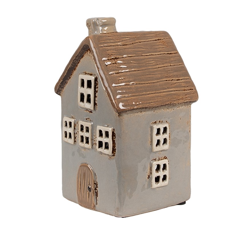 Clayre & Eef Waxinelichthouder Huis 9x9x16 cm Grijs Bruin Keramiek