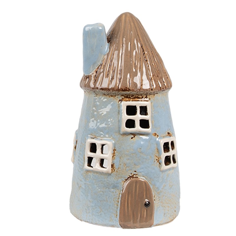 Clayre & Eef Waxinelichthouder Huis Ø 9x16 cm Blauw Bruin Keramiek