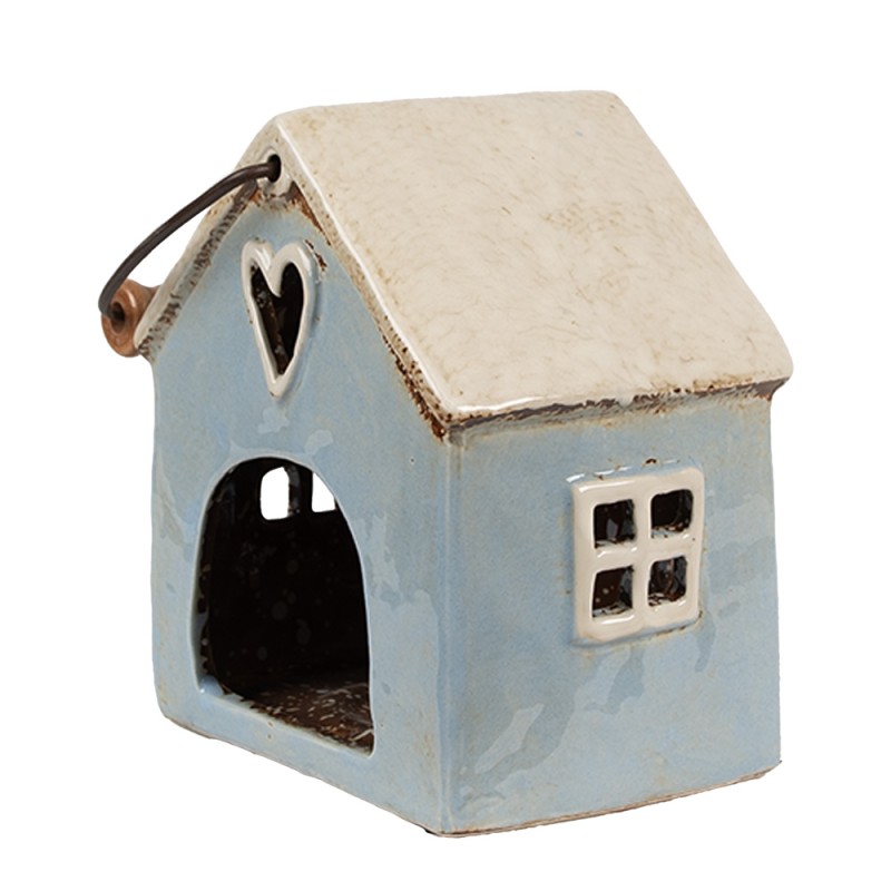 Clayre & Eef Waxinelichthouder Huis 16x11x15 cm Blauw Beige Keramiek