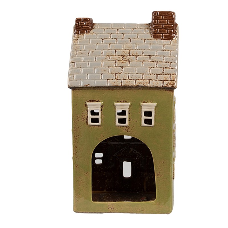 Clayre & Eef Waxinelichthouder Huis 14x10x26 cm Groen Beige Keramiek