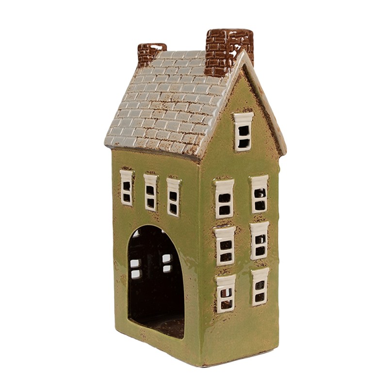 Clayre & Eef Portacandela Casa 14x10x26 cm Verde Beige Ceramica