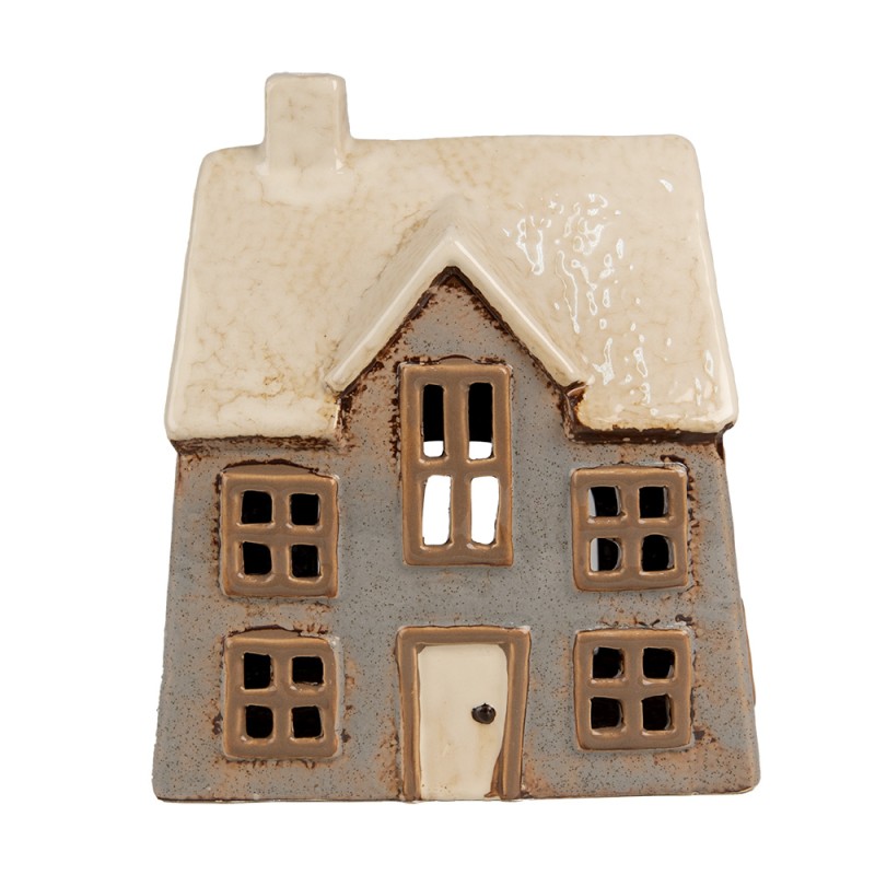 Clayre & Eef Waxinelichthouder Huis 15x10x17 cm Grijs Beige Keramiek