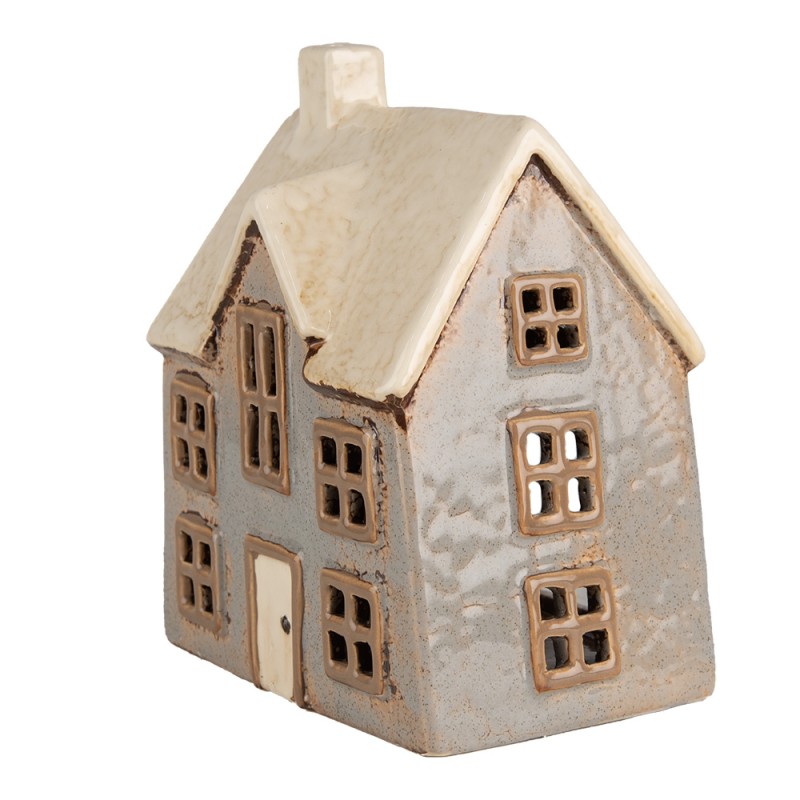 Clayre & Eef Waxinelichthouder Huis 15x10x17 cm Grijs Beige Keramiek