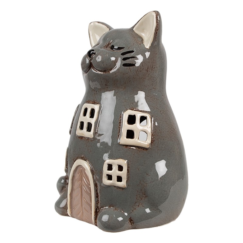 Clayre & Eef Porte-bougie Chat 15x12x21 cm Gris Céramique