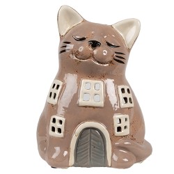 Clayre & Eef Portacandela Gatto  14x12x18 cm Marrone Ceramica