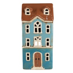 Clayre & Eef Tealight Holder House 11x9x22 cm Blue Brown Ceramic