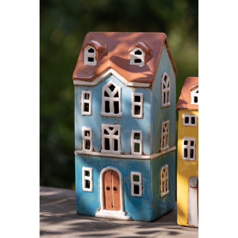 Clayre & Eef Teelichthalter Haus 11x9x22 cm Blau Braun Keramik