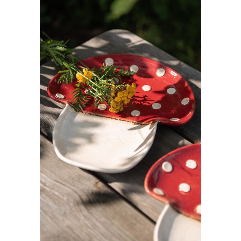 Clayre & Eef Plat de service Champignon 23x26 cm Beige Rouge Céramique