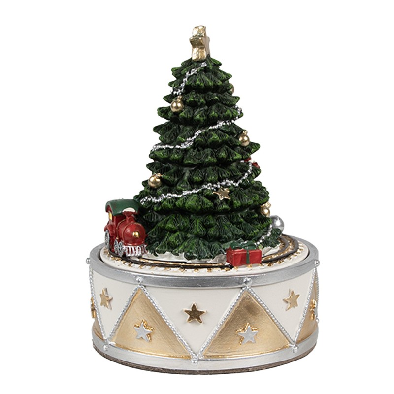 Clayre & Eef Boîte à musique Sapin de Noël Ø 11x15 cm Vert Couleur or Plastique