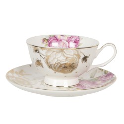 Clayre & Eef Cup and Saucer 200 ml White Pink Porcelain Flowers