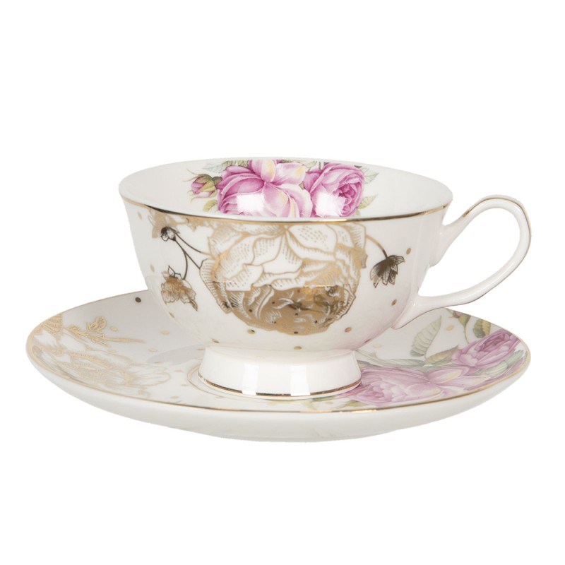 Clayre & Eef Cup and Saucer 200 ml White Pink Porcelain Flowers