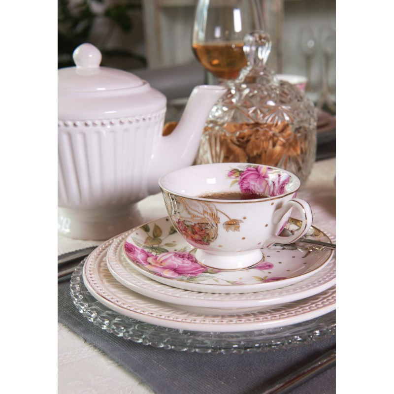 Clayre & Eef Tazza e piattino 200 ml Bianco Rosa  Porcellana Fiori