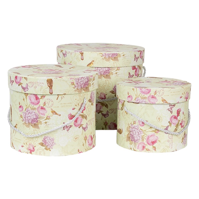 Clayre & Eef Opbergdoos Set van 3 23x20 / Ø 20x17 / Ø 17x14 cm Groen Karton Rond Bloemen