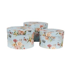 Clayre & Eef Scatola di archiviazione set di 3 Ø 24x16 / Ø 22x15 / Ø 21x13 cm Blu Cartone Rotondo Fiori