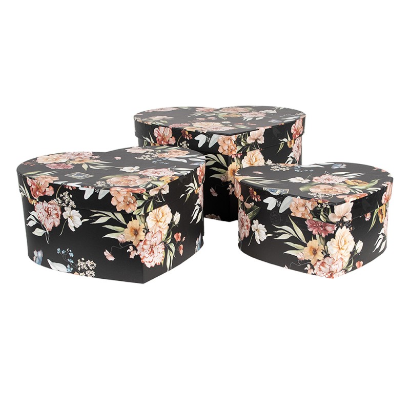 Clayre & Eef Storage Box Set of 3 28x26x14/24x23x12/21x20x10 cm Black Cardboard Heart-Shaped Flowers