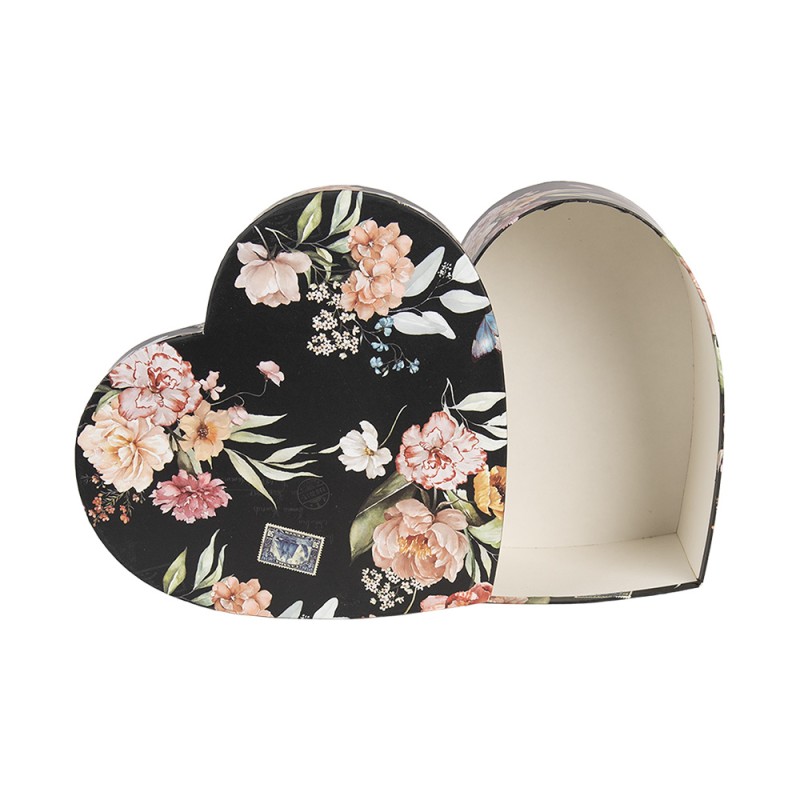 Clayre & Eef Storage Box Set of 3 28x26x14/24x23x12/21x20x10 cm Black Cardboard Heart-Shaped Flowers