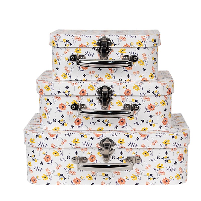 Clayre & Eef Decorative Suitcase Set of 3 30x22x9/25x20x9/20x17x8 cm White Cardboard Rectangle Flowers