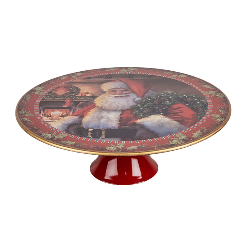 Clayre & Eef Plateau à gâteaux sur pied Ø 29x10 cm Rouge Plastique Rond Père Noël