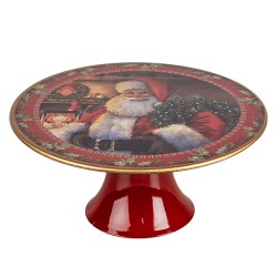 Clayre & Eef Plateau à gâteaux sur pied Ø 22x10 cm Rouge Plastique Rond Père Noël