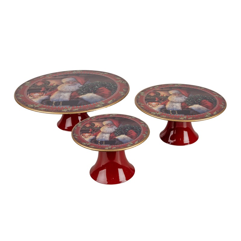 Clayre & Eef Plateau à gâteaux sur pied Ø 16x10 cm Rouge Plastique Rond Père Noël