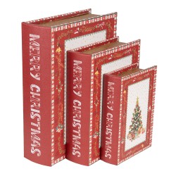 Clayre & Eef Storage Box Set of 3 Books 27x22x7 / 22x17x6 / 17x12x4 cm Red Wood product Rectangle Christmas Tree Merry Christmas