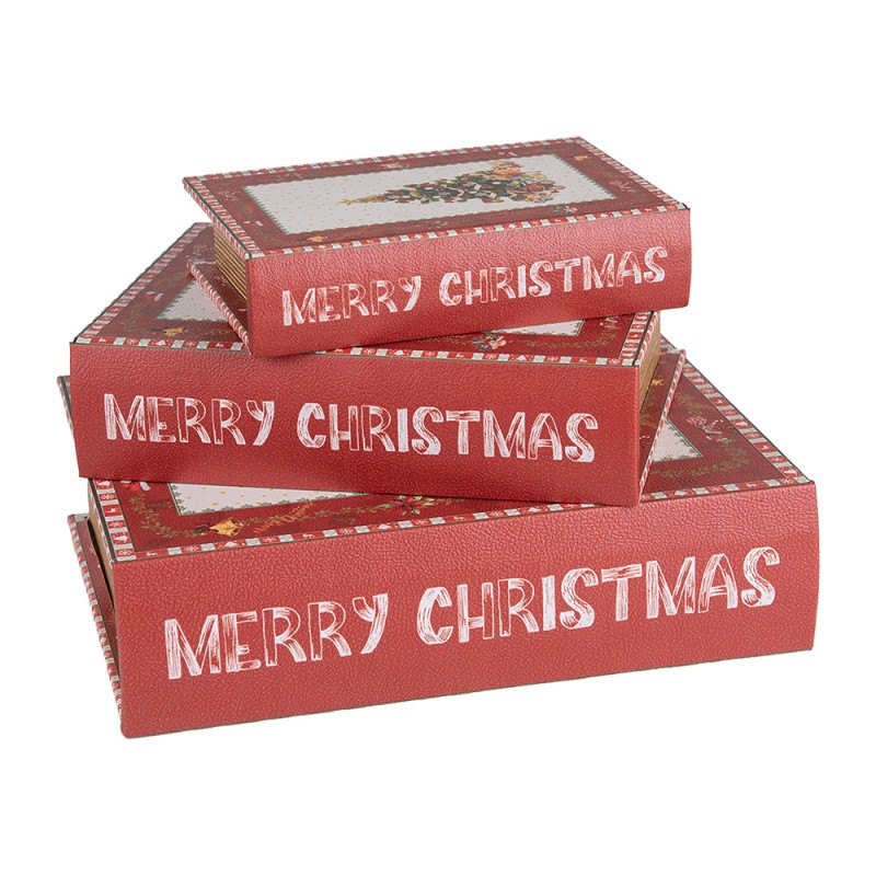 Clayre & Eef Opbergdoos Set van 3 Boeken 27x22x7 / 22x17x6 / 17x12x4 cm Rood Houtproduct Rechthoek Kerstboom Merry Christmas