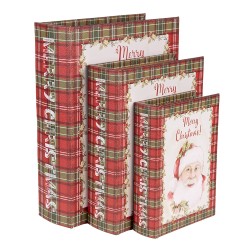 Clayre & Eef Aufbewahrungsbox 3er Set Bücher 27x22x7 / 22x17x6 / 17x12x4 cm Rot Weiß Holzprodukt Rechteck Weihnachtsmann Merry C