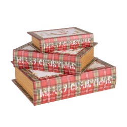 Clayre & Eef Opbergdoos Set van 3 Boeken 27x22x7 / 22x17x6 / 17x12x4 cm Rood Wit Houtproduct Rechthoek Kerstman Merry Christmas