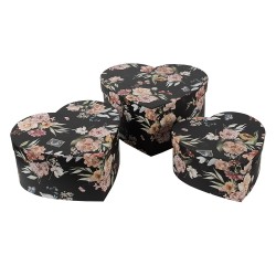 Clayre & Eef Boîte de rangement set de 3 28x26x14/24x23x12/21x20x10 cm Noir Carton En forme de coeur Fleurs