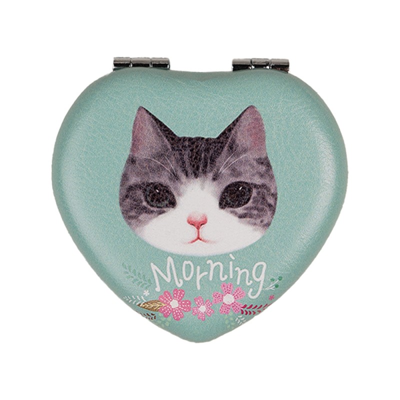 Clayre & Eef Miroir à main 7x7x2 cm Vert Plastique Verre En forme de coeur Chat