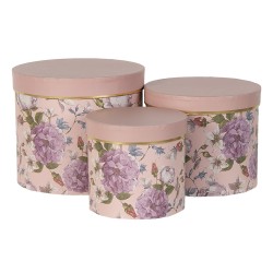 Clayre & Eef Hoedendoos Set van 3  Ø 20x17 / Ø 17x15 / Ø 14x13 cm Roze Karton Rond Bloemen