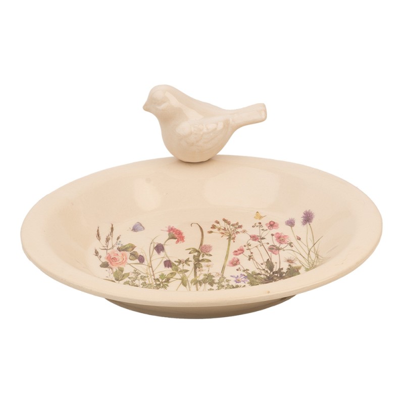 Clayre & Eef Bac à nourriture pour oiseaux Ø 26x10 cm Beige Céramique Oiseau