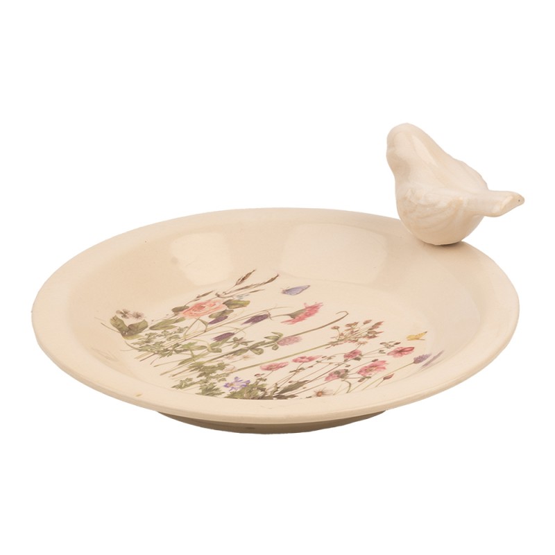 Clayre & Eef Bac à nourriture pour oiseaux Ø 26x10 cm Beige Céramique Oiseau