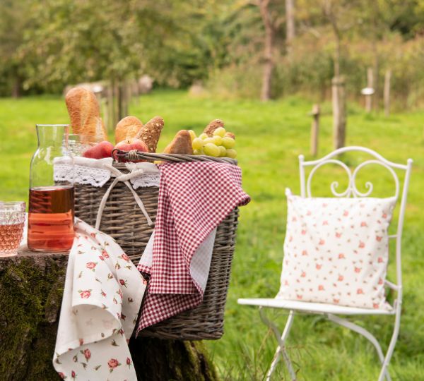 A picnic outdoors with red-and-white colored textiles with roses and checkered patterns.