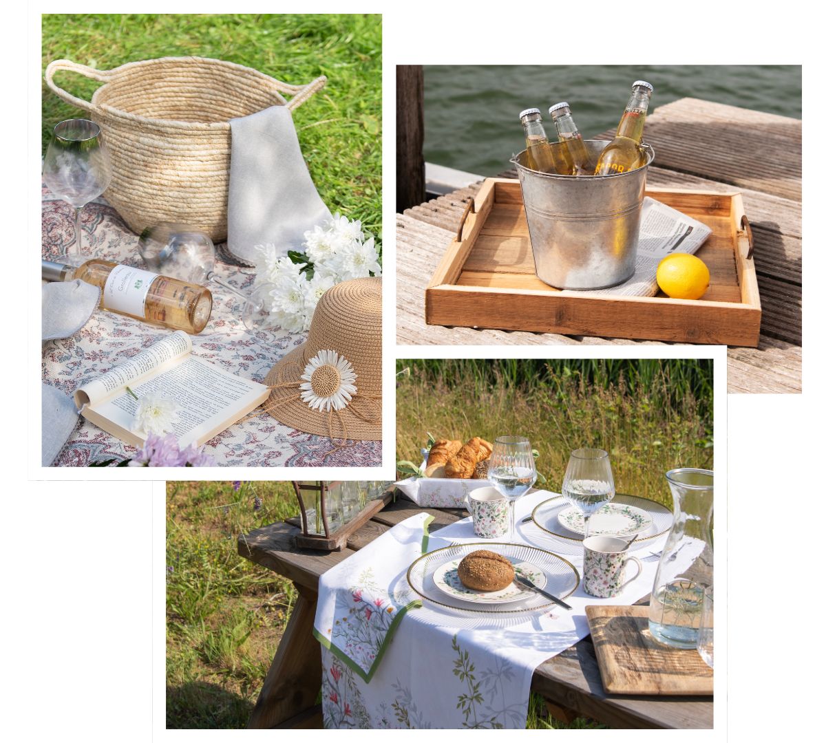Collage of 3 photos. One photo shows a picnic. The second photo shows a tin bucket with beer bottles in it, and the last photo shows a set table outdoors.
