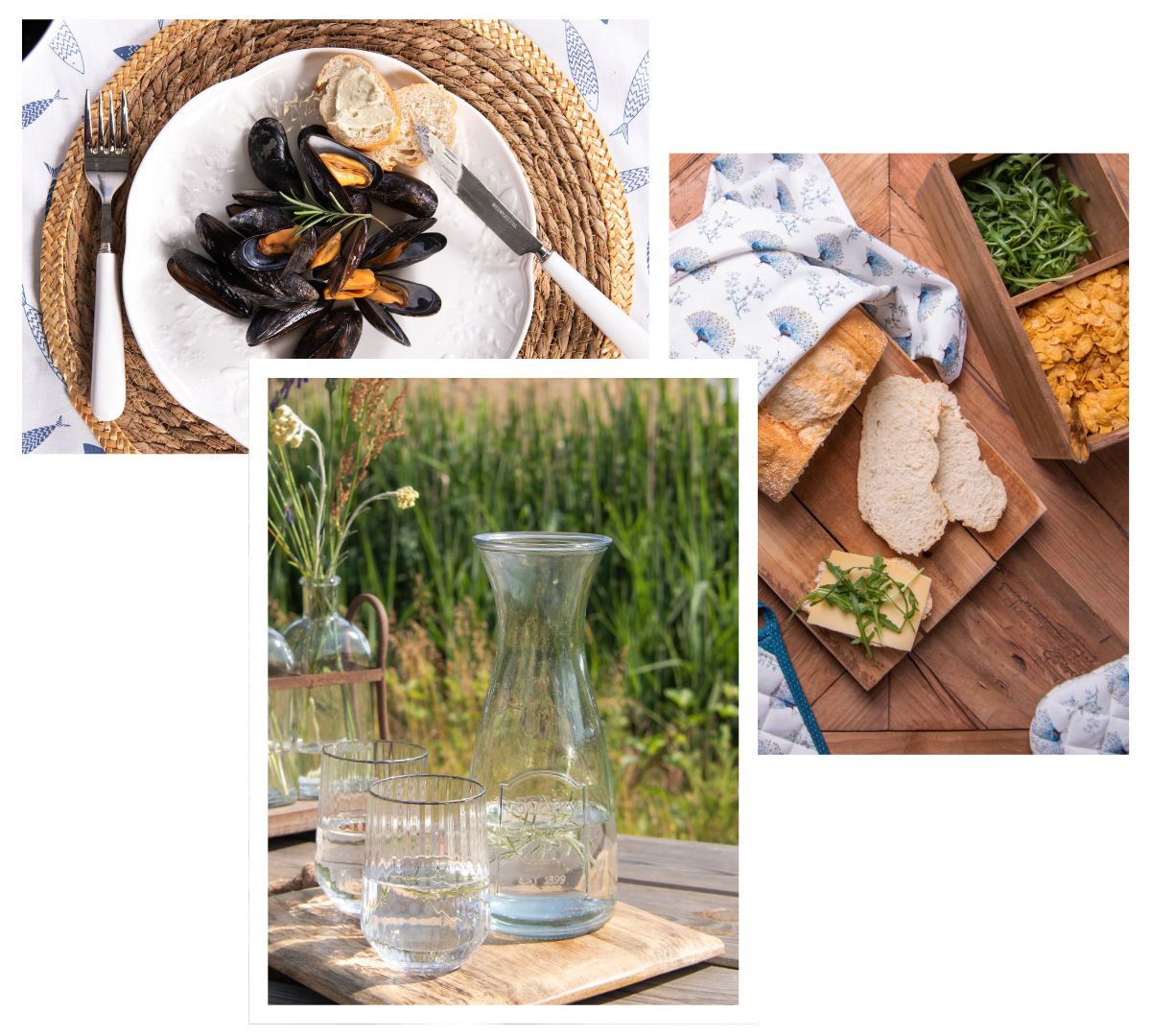 Collage of 3 barbecue photos. One photo is of sliced ​​baguette, one photo of a carafe with water and two glasses, and one photo is of a plate of mussels on a placemat.