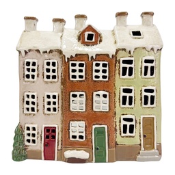 [6CE2538] Portacandele Natale Casette Marrone Bianco 19x8x18 cm