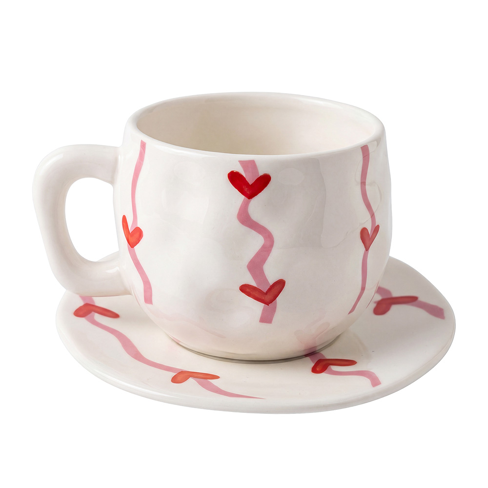 Cup and saucer White Red 12x9x8 cm / Ø 14x2 cm / 300 ml