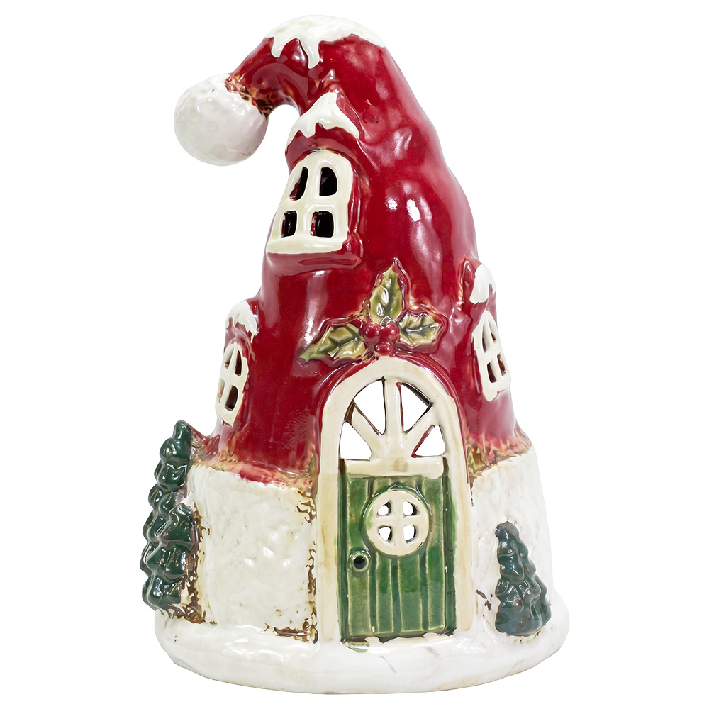 Tealight Holder Christmas House White Red 13x12x18 cm