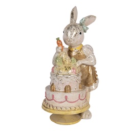 [6PR6042] Dekoration Kaninchen mit Torte Weiß Goldfarbig 20x15x36 cm