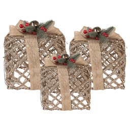 [66308] Decorazione regalocon LED set de 3 Color oro 25x25x30 / 20x20x24 / 15x15x17 cm / 6xAA