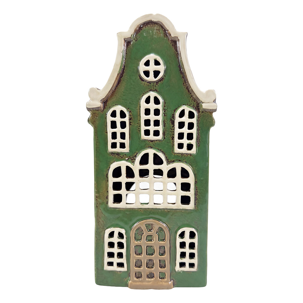 Tealight Holder Christmas House Green Brown 12x9x25 cm