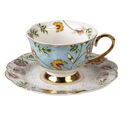 [MT6CE1282] Tasse et soucoupe Bleu, Blanc 12x9x6 cm / Ø 15x2 cm / 200 ml