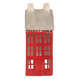 [6CE2294] Kerzenhalter Weihnachten Häuschen Rot Grau 7x7x18 cm
