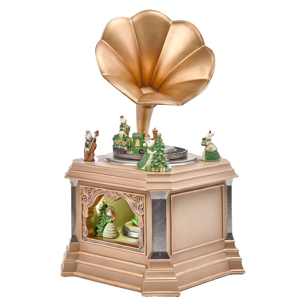 Spieldose Grammophon mit LED Beige Grün 25x25x42 cm / 3xAA
