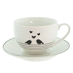 [LBSKS] Kaffeetasse mit Unterteller Weiß, Schwarz 12x9x7 cm / Ø 14x2 cm / 220 ml