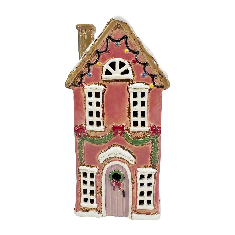 Tealight Holder Christmas House Pink White 12x9x23 cm