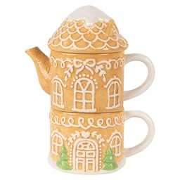 [6CETE0213] Teiera e Tazza Marrone Bianco 19x12x23 cm / 550 ml / 450 ml
