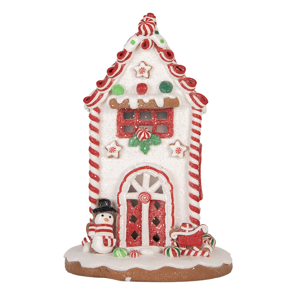 Clayre & Eef Gingerbread house met LED 14x14x22 cm Wit Rood Kunststof