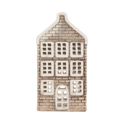 [6CE2304] Tealight Holder Christmas House Grey Orange 7x7x14 cm
